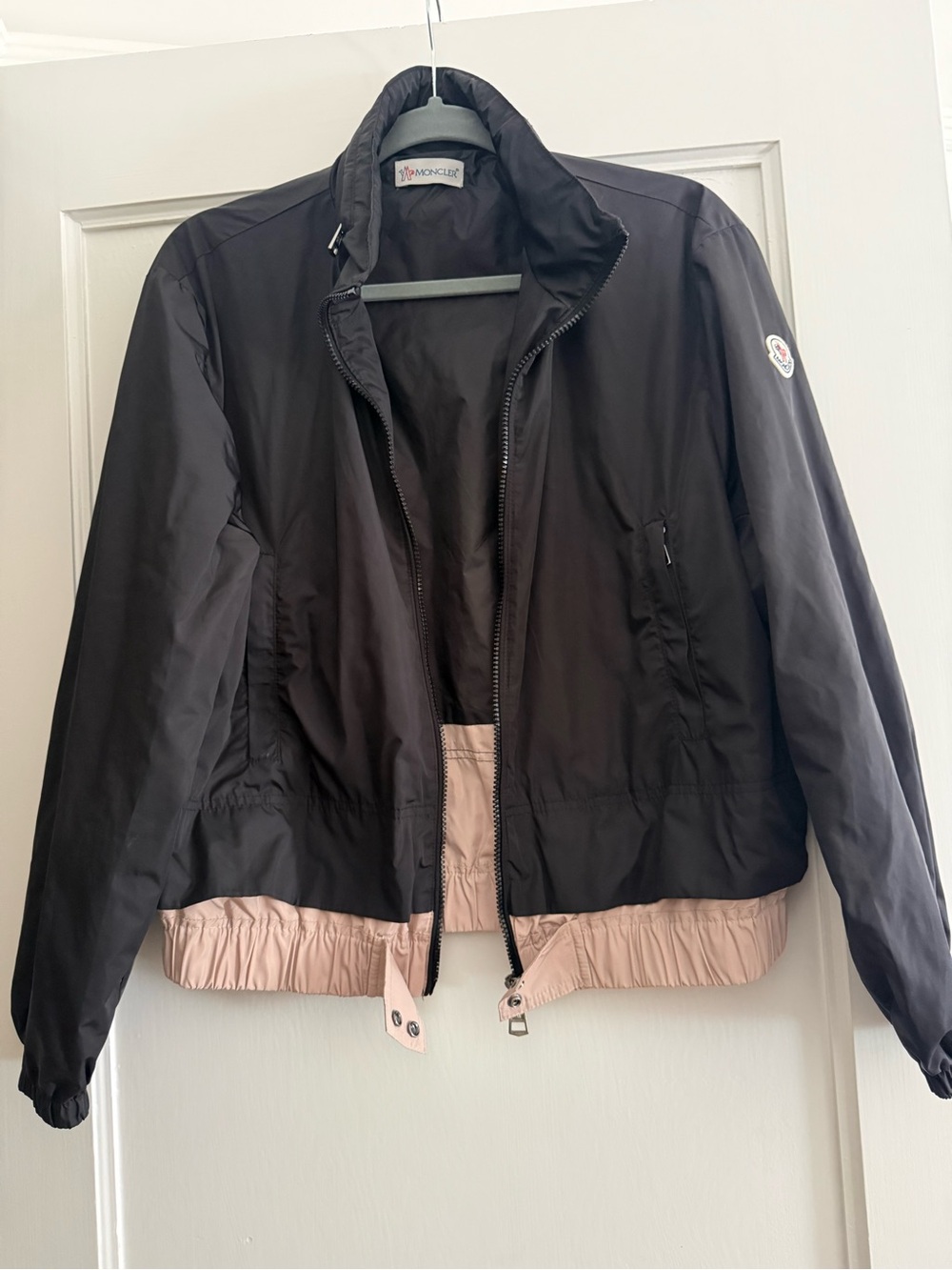 Moncler Black Bomber Jacket with Beige Hem